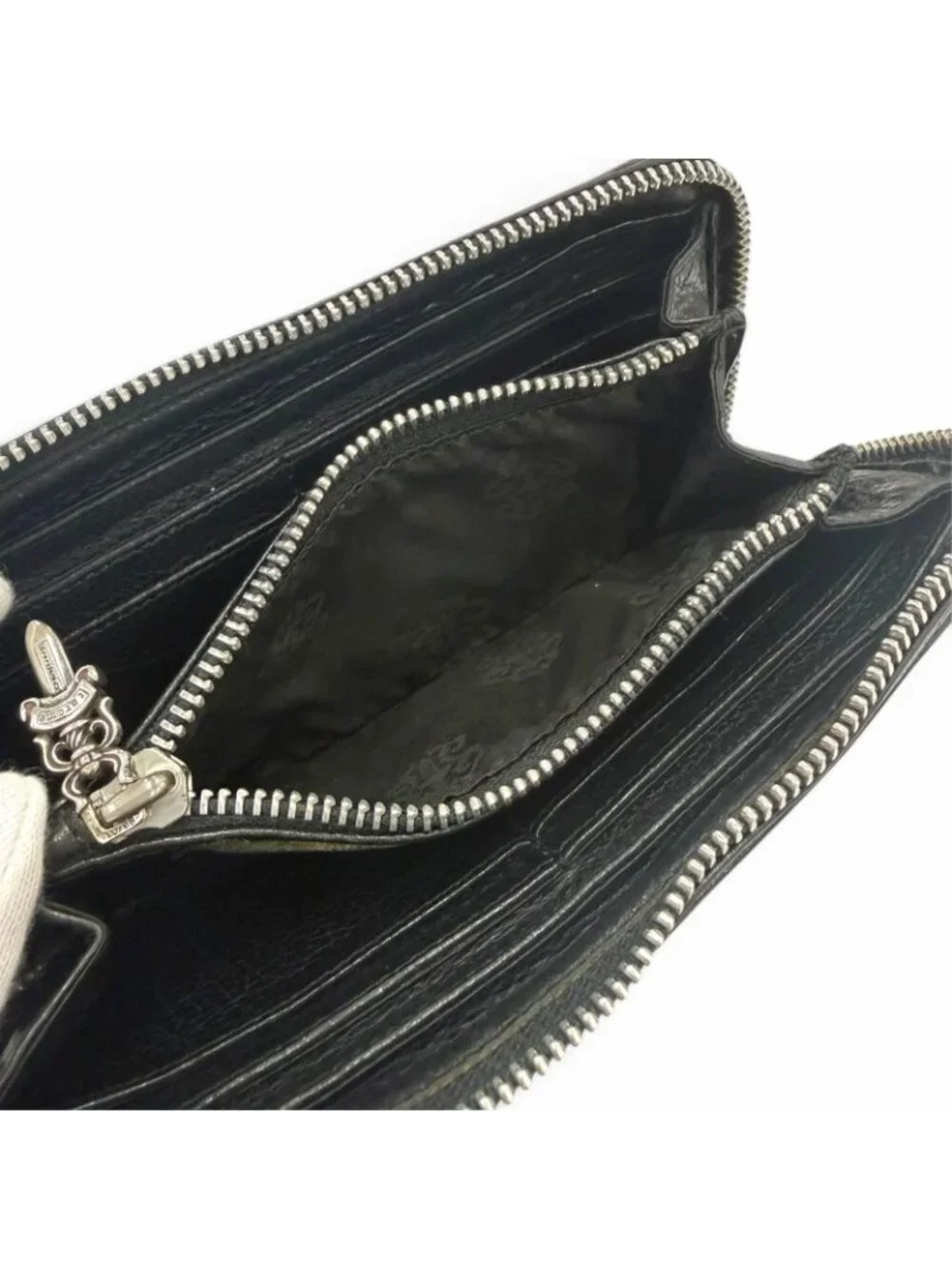Chrome Hearts Rec Zip Plane Leather 925 Round Zip Wallet Black Silver